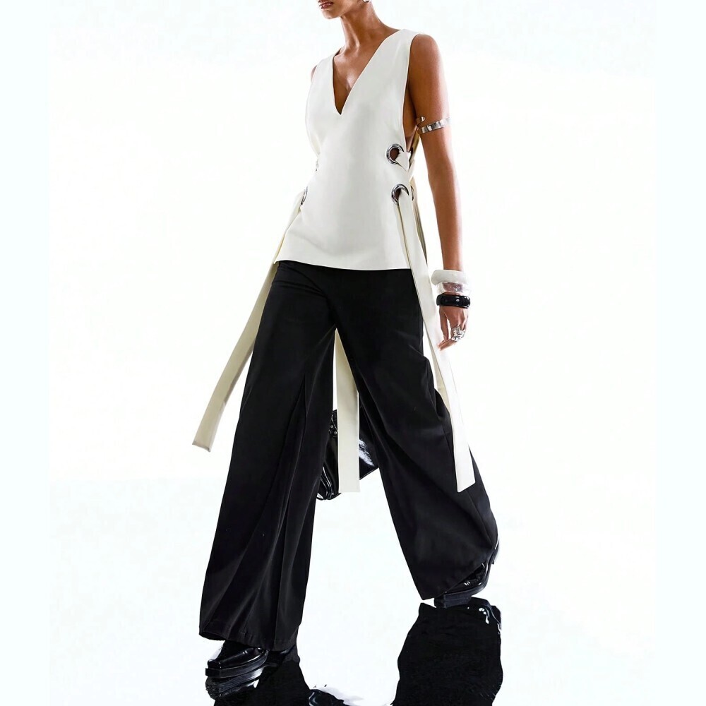 Cream Grommet Interlace Strap Sleeveless V Neck Tunic Tank Top